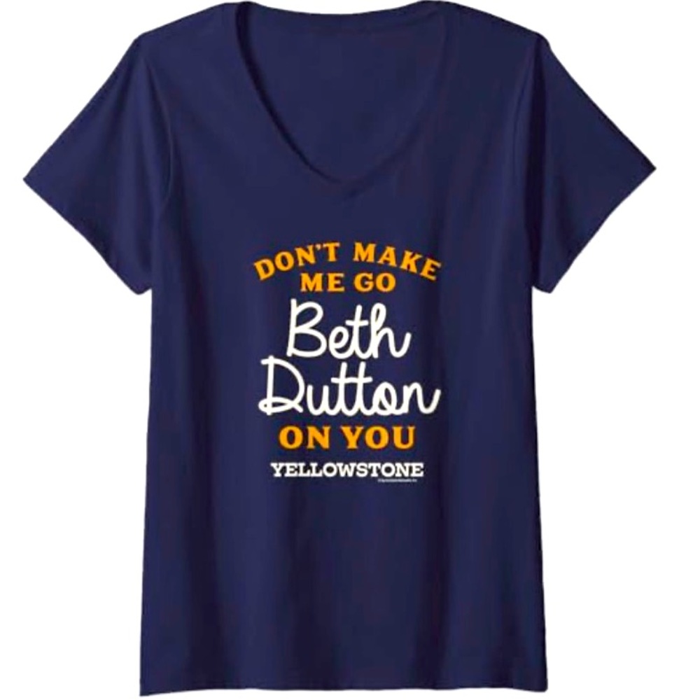 Blue Women’s Yellowstone V-neck T-shirt come in sizes small through 2XL